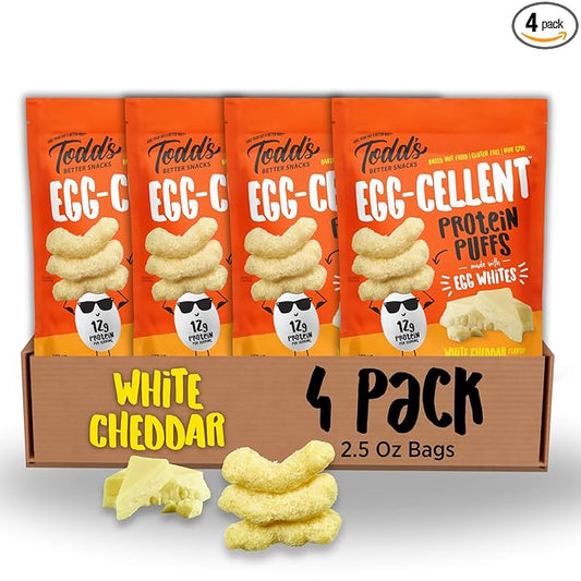 Todd's Better Snacks Egg-Cellent Protein Puffs, White Cheddar – 12g Protein, Gluten-Free, Paleo-Friendly, Baked, GLP-1 Compliant – Healthy Snack, Made with Egg Whites – 2.5 Oz (Pack of 4)
