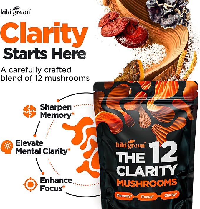 KIKI Green 12 Mushroom Powder 4 oz - Lion's Mane, Cordyceps, Chaga, Reishi, Shiitake, Maitake & More - Vegan, Fruiting Body Mushroom Supplement Powder for Focus, Energy, Immunity