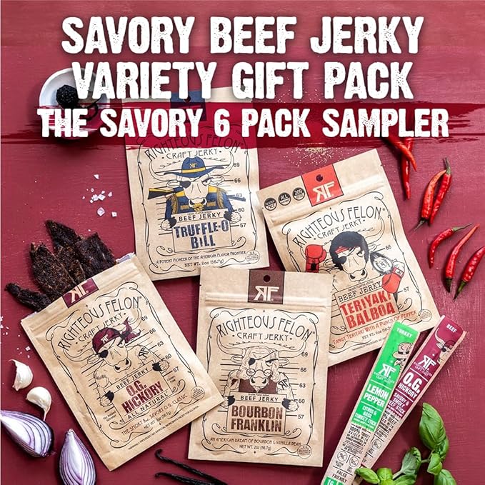 Righteous Felon Savory Beef Jerky Variety Gift Pack - Great Gifts for Men | Gluten Free, High Protein Healthy Snack | Bulk Beef, Pork, & Turkey Jerky Variety Snack Packs | The Savory 6 Pack Sampler