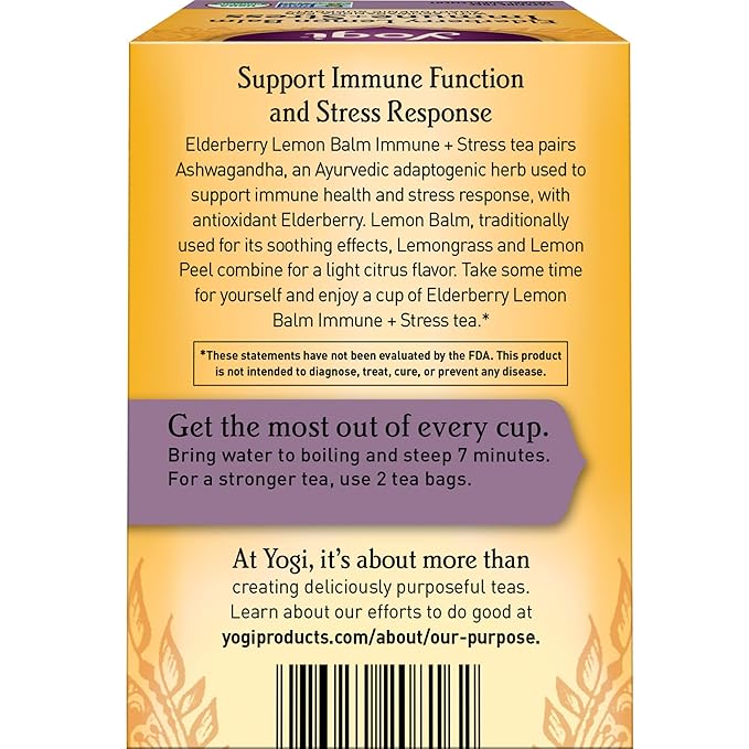 Yogi Tea Elderberry Lemon Balm Immune & Stress Tea - 16 Tea Bags per Pack (6 Packs) - Organic Immune Support Tea - Includes Ashwagandha Root, Lemon Balm Leaf, Lemongrass, Licorice Root & More.