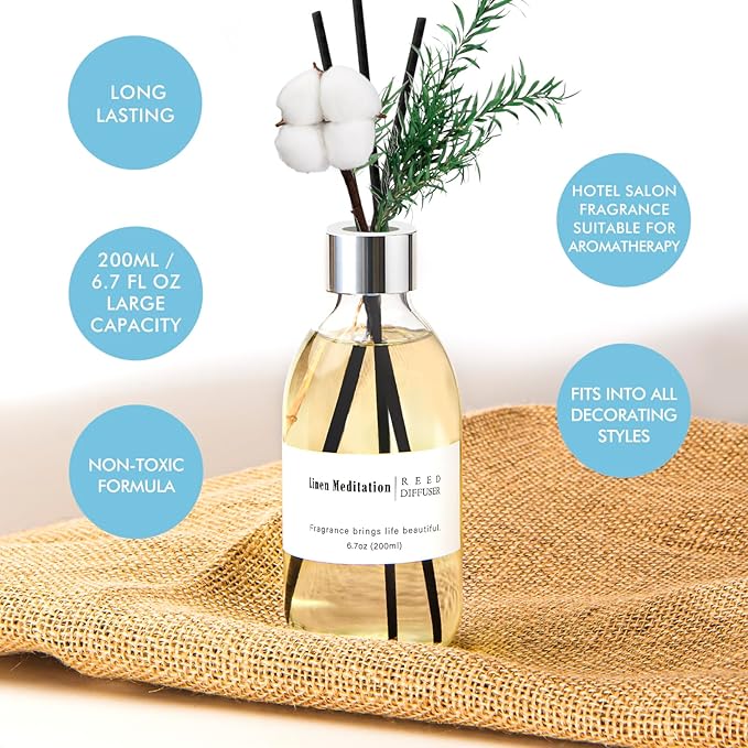 Clesh Reed Diffuser Set, 6.7 oz Linen Scented Diffuser with Sticks, Home Fragrance Reed Diffuser for Bathroom Shelf Decor, Linen Meditation