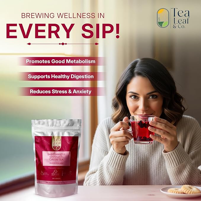 Tealeaf & Co. Sweet Hibiscus Cinnamon Green Tea with Hibiscus, Cinnamon, Stevia & Clove - Green Tea Bags with Fresh Herbs and Spices (Low Caffeine) - 100 Teabags