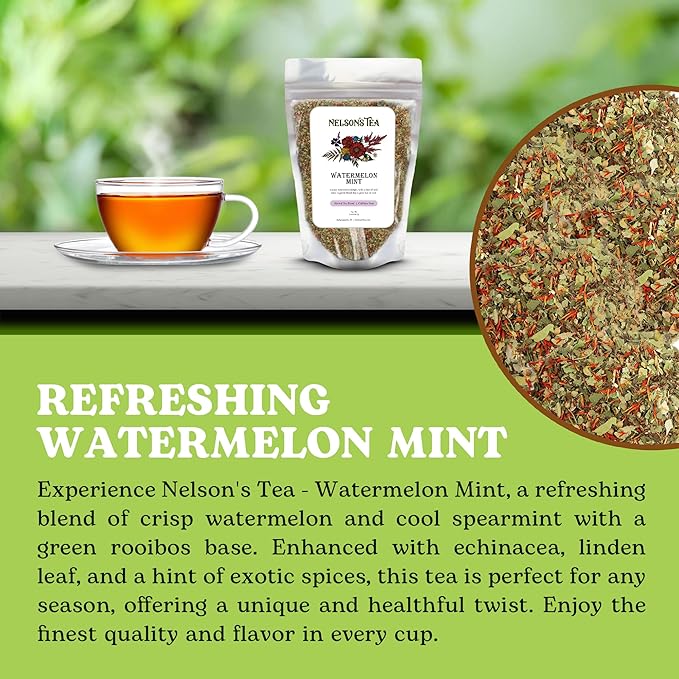 Nelson's Tea Watermelon Mint Tea Loose Leaf - Caffeine Free Green Rooibos Tea with Spearmint, Echinacea, Linden Leaf, Coriander, Safflower and Eucalyptus (3.2 oz)