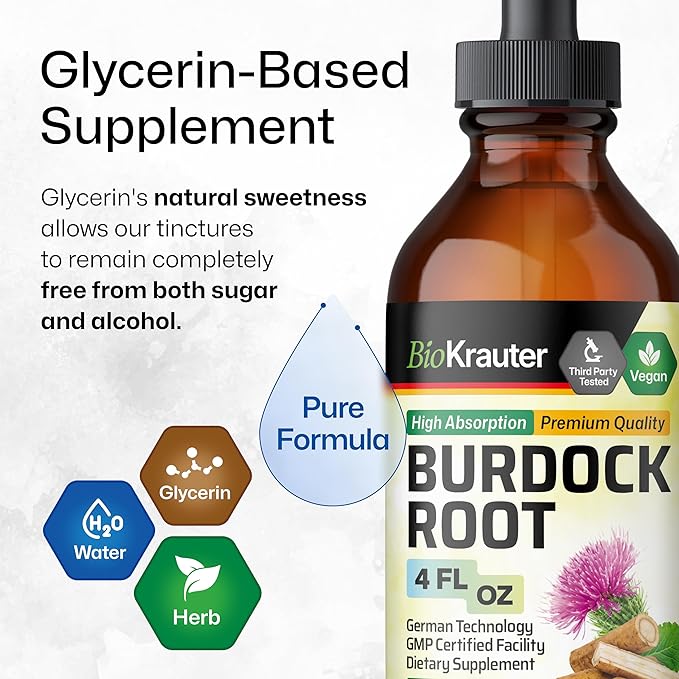BIO KRAUTER Burdock Root Tincture - Antioxidant Support Liquid Supplement - Burdock Root Extract - Alcohol and Sugar Free - Vegan Drops 4 Fl.Oz.
