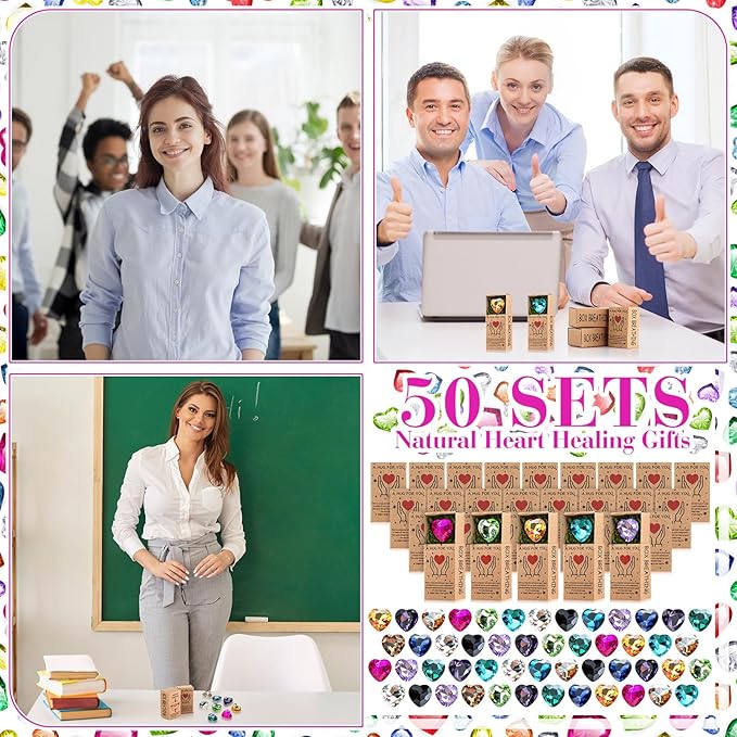 Landical 50 Sets Pocket Hug Token Gifts Small Crystal Heart Stones Bulk with Boxes Mini Heart Shape Natural Stones for Colleagues Family Distance Social Celebration of Life Gifts(Rhinestones)