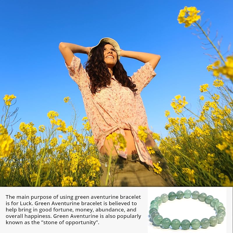 Green Aventurine Bracelet, Natural Healing Crystal Bracelet for Women and Men, 8mm Round Beaded Bracelet for Wealth, Prosperity, Elastic Adjustable Size Gemstone Bead Bracelet for Attract Success