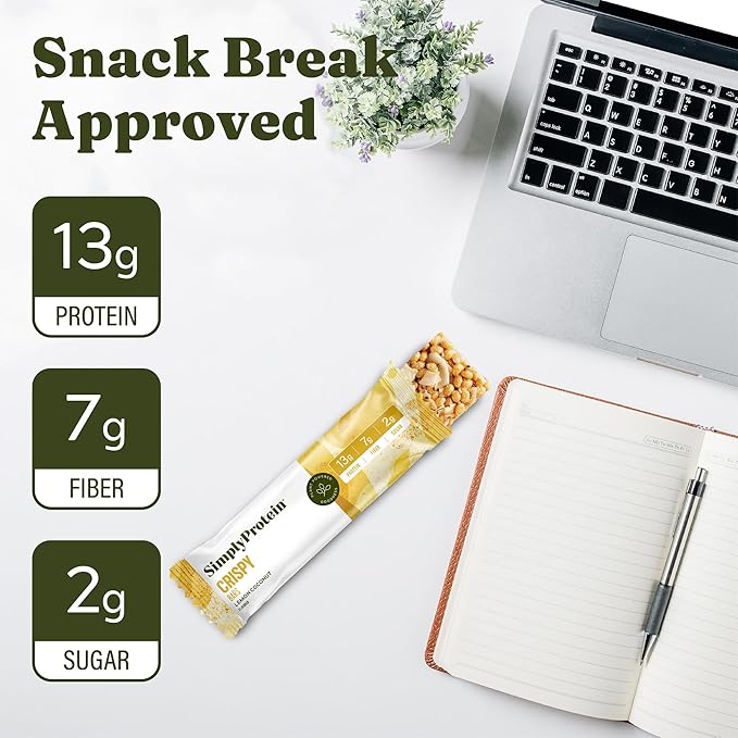 Simply Protein - Lemon Coconut Crispy Bars - Plant Based Protein Bars - Low Carb, Low Sugar, High Fiber - 13g Protein, 2g Sugar, 7g Fiber - Vegan, Gluten Free, Non GMO, Kosher - 12 Bars