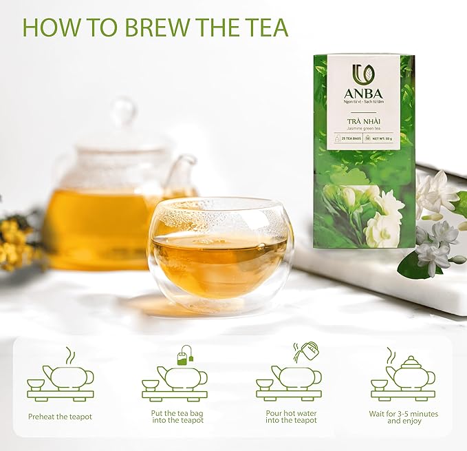 ANBA Jasmine Green Tea Bags 25 Count | Handcrafted Jasmine Infusion | Aromatic & Relaxing | Naturally Fragrant & Smooth | No Sugar Added | ISO HACCP Certified