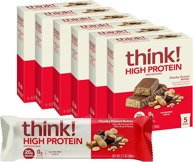 think! Protein Bars, High Protein Snacks, Gluten Free, Kosher Friendly, Chunky Peanut Butter, Nutrition Bars, 2.1 Oz per Bar, 30 Count (Packaging May Vary)