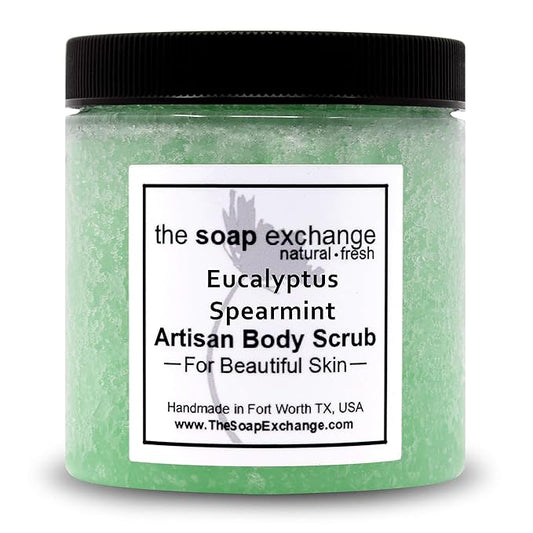 The Soap Exchange Sugar Body Scrub - Eucalyptus & Spearmint Scent - Hand Crafted 8 fl oz / 240 ml Natural Artisan Skin Care, Shea Butter, Exfoliate, Moisturize, & Protect. Made in the USA.