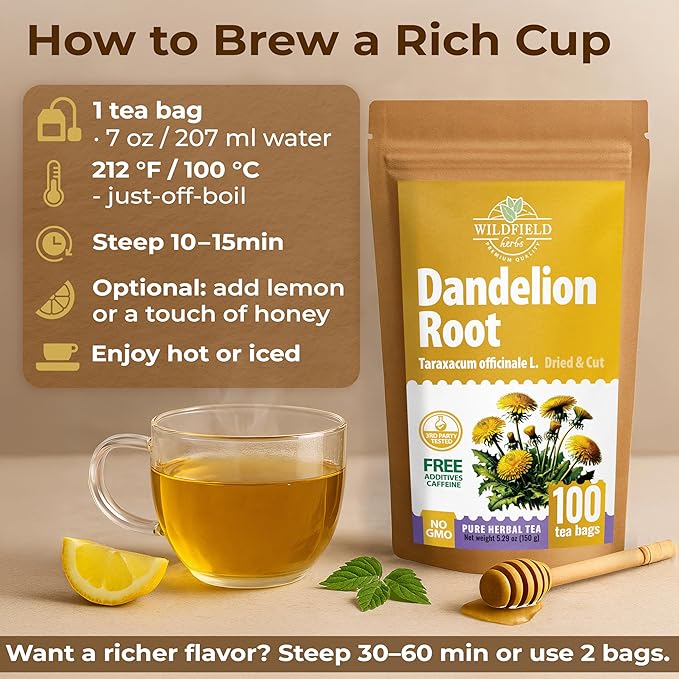 100 Bags Dandelion Root Tea Dandelion Tea Herbal (Taraxacum Officinale) - 100 Count 1.5g Bags Dried Herb Raíz De Diente De León