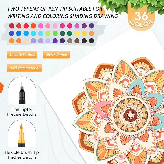 2Pcs Adult Coloring Books with 36 Colors Markers, Mandala Adult Coloring Book for Women Relaxation with 48 Patterns, Colors Markers Set, Anxiety Relief Mindfulness Gifts Original & Hand Drawn