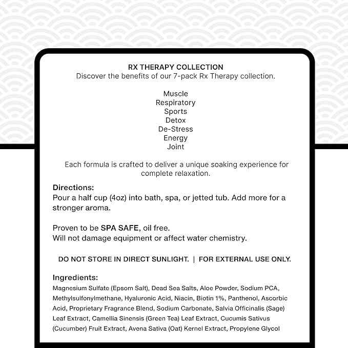 Relax Spa & Bath, Epsom & Dead Sea Salts, Aromatherapy Bath Salts for Hot Tub, Bath, or Spa, Infused with Magnesium, Muscle Recovery & Sports Therapy, 7 Pack, Relax RX Collection, 4 oz Each