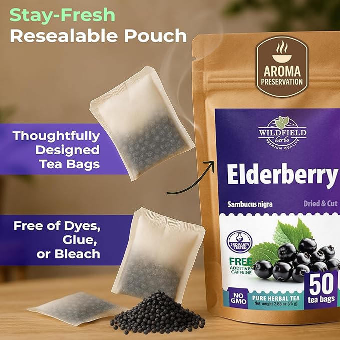 50 Bags Elderberry Fruit Herbal Tea (Sambucus) – 50 Tea Bags 1.5g Elderberry Berry Tea Saúco