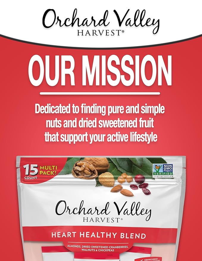Orchard Valley Harvest Heart Healthy Blend, 1 Ounce Bags (Pack of 15), Almonds, Cranberries, Walnuts, and Chickpeas, Gluten Free, Non-GMO, No Artificial Ingredients, Healthy Snacks for Adults