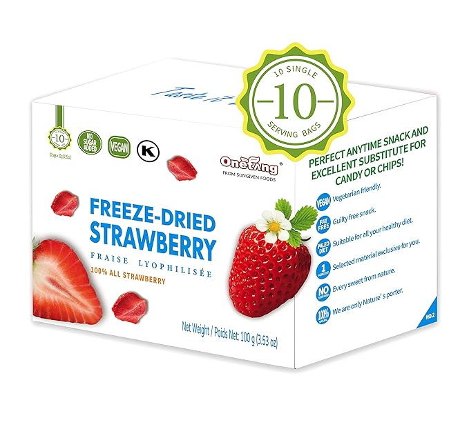 ONETANG Freeze-Dried Fruit Strawberry, 10 Pack Single-Serve Pack, Non GMO, Kosher, No Add Sugar, Gluten free, Vegan, Holiday Day Gifts, Healthy Snack 0.35 Ounce