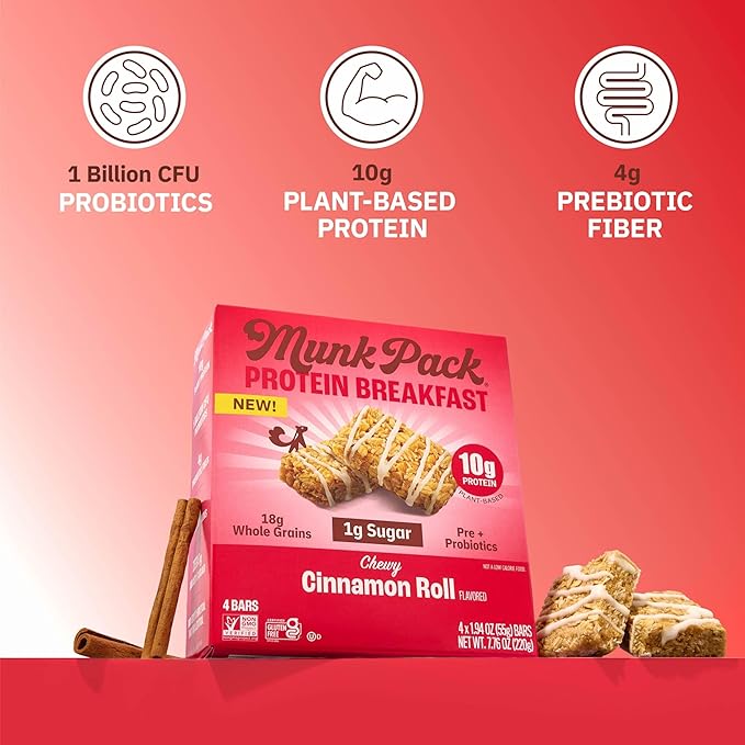 Munk Pack Probiotic Protein Breakfast Bars - 10g Plant Protein, 1g Sugar, 6g Fiber – For Adults & Kids, Low Sugar Snack, Gluten-Free, Diabetic-Friendly, Non-GMO, Cinnamon Roll - 12 Pack