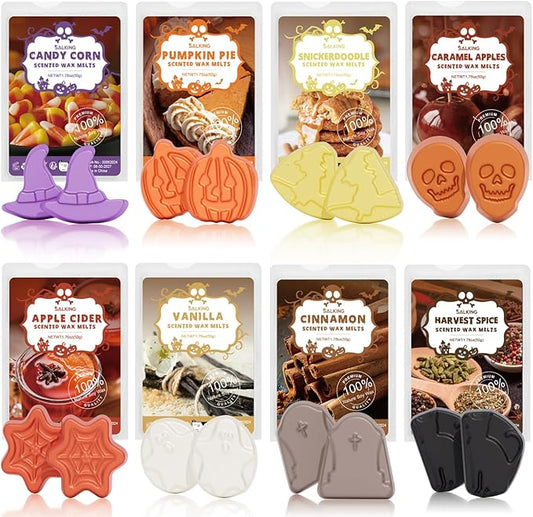 SALKING Halloween Scented Wax Melts, Fall Soy Wax Melts Gift Set, Wax Cubes/Tarts for Warmer - Pumpkin Pie, Caramel Apples, Candy Corn, Vanilla, Snickerdoodle, Apple Cider, Cinnamon, Harvest Spice