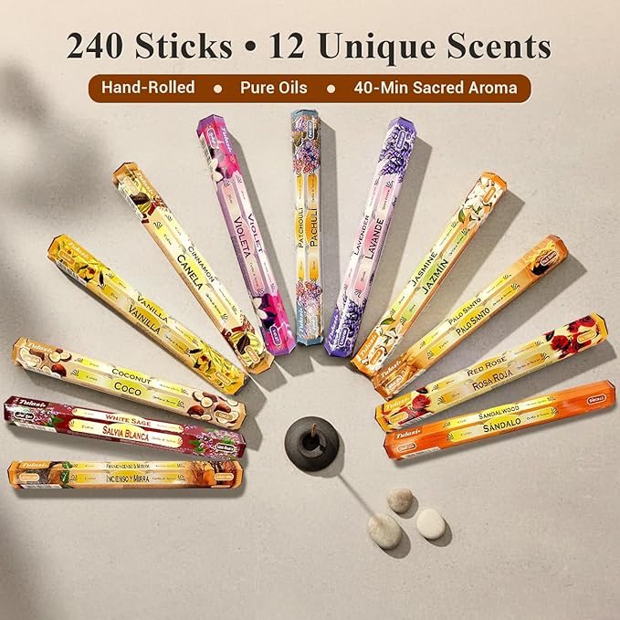 Tulasi Incense Sticks Pack of 12 Natural Scent (240 sticks) Variety Fragrance of Coconut, White Sage, Red Rose, Palo Santo Lavender & Cinnamon etc, Ideal For Meditation & Positive Vibes, Thanks Giving