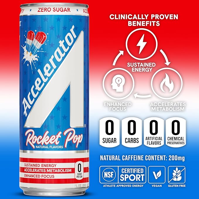 Accelerator Energy Drink Sugar Free, Rocket Pop 12oz can(12 pack)Zero Sugar Energy Drinks with Sustained Energy from 100% Natural Caffeine (200mg) & Green Tea extract
