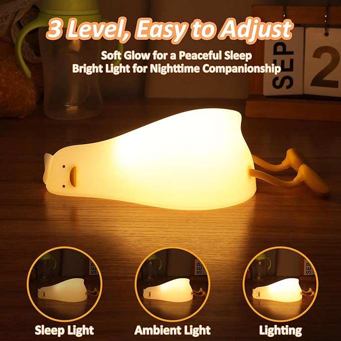 Lying Flat Duck Night Light, Cute Light Up Duck Soft Silicone Nursery Night Lamp with Touch Control & Rechargeable & Timer & Dimmer for Kids, Birthday Festival New-Born Gifts for Baby Kids
