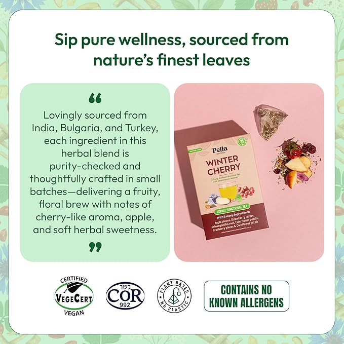Winter Cherry Ashwagandha Herbal Tea – With Strawberry, Cranberry, Apple, Elderflower, Cornflower – Vegan, Kosher, Caffeine-Free – Hot or Iced Tea Bags – Adaptogenic & Immune Health Support (25 Count)