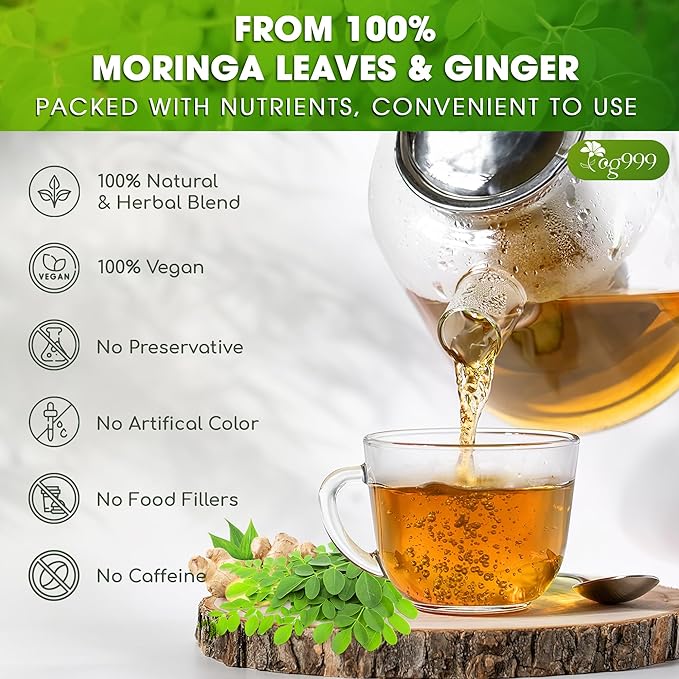 TOG999, Permium Moringa Ginger Herbal Tea β 120 Tea Bags β Caffeine-Free, Smooth & Warming Blend β Pure Ingredients, Sustainably Sourced. No Sugar. No Gluten. Vegan.