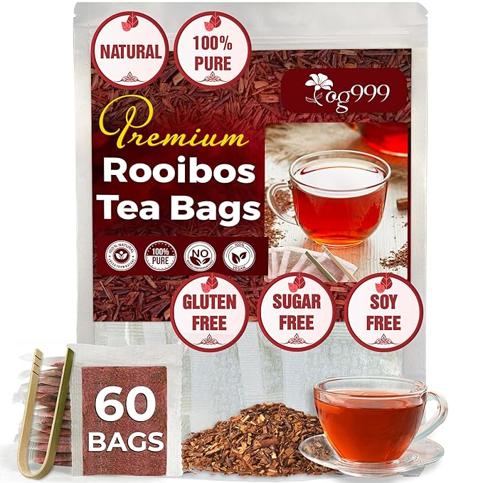 TOG999, Premium 60 Red Rooibos Tea Bags, 100% Natural & Pure from Rooibos Tea Leaves. Loose Leaf Rooibos Herbal Tea. Made with Natural Material Tea Bags. No Sugar, No Caffeine, No Gluten, Vegan.