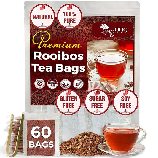 TOG999, Premium 60 Red Rooibos Tea Bags, 100% Natural & Pure from Rooibos Tea Leaves. Loose Leaf Rooibos Herbal Tea. Made with Natural Material Tea Bags. No Sugar, No Caffeine, No Gluten, Vegan.