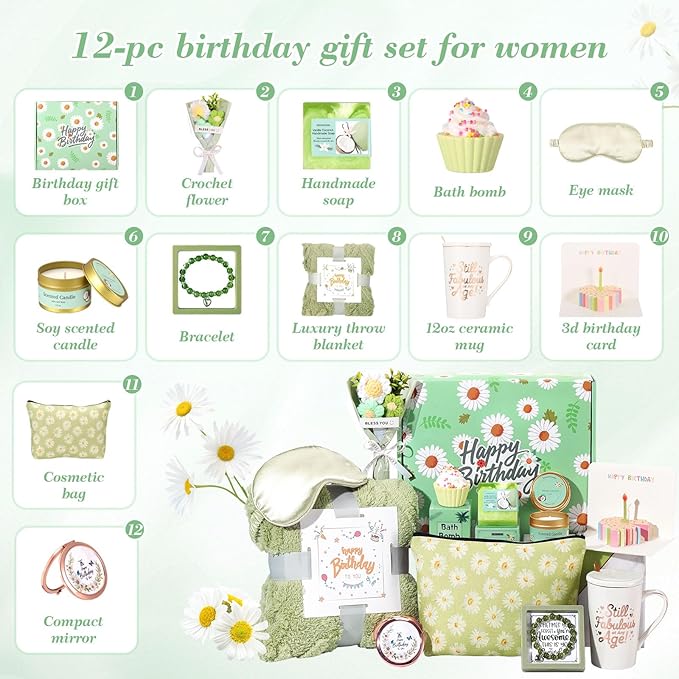 Happy Birthday Gifts for Women 11PC Get Well Soon Gift Spa Set with Candle,Gift Baskets for Women, Best Friend Gift Set- Self Care Daisy Gift Box for Her, Mom, Wife Gift Box for Sister