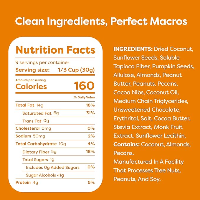 Kiss My Keto Sugar Free Granola, Peanut Butter Chocolate 1-Pack – Curb Cravings with Few Net Carbs – Allulose Sweetened, Resealable & Gluten-Free Crunchy Clusters – Grain Free Granola Great With Yogurt or Milk