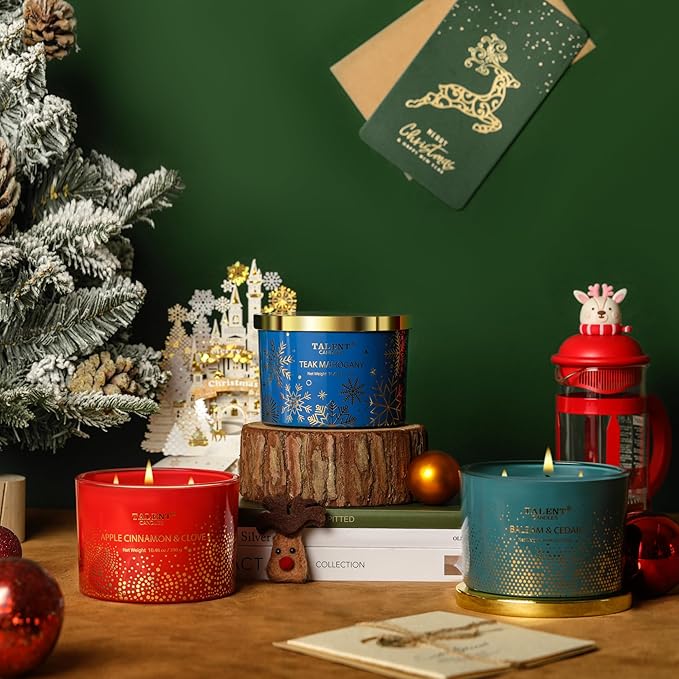 Christmas Candles, Large 3 Wick Jar Candles, Christmas Scented Candles Gifts for Women, Christmas Gift Ideas with Soy Wax Candles, Teak Mahogany