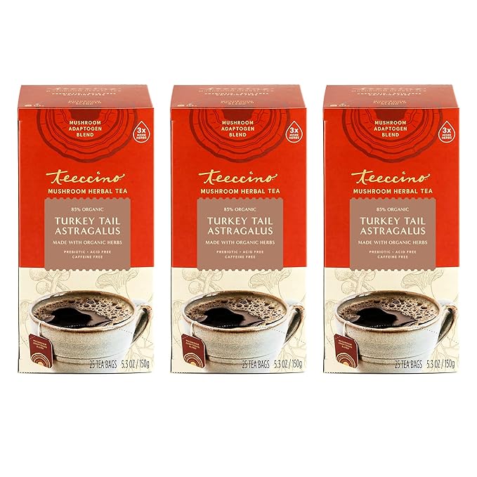 Teeccino Mushroom Herbal Tea - Turkey Tail Astragalus Toasted Maple - Caffeine Free, Prebiotic, 3x More Herbs - 25 Tea Bags, Pack of 3