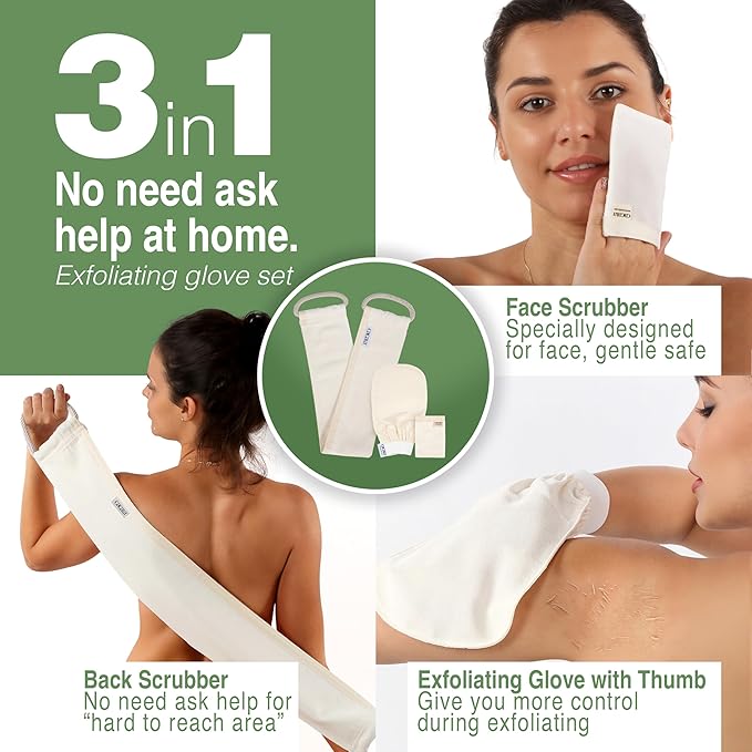 Set of Exfoliating Glove, Face Scrubber & Back Scrubber for Shower, 100% Vegan Viscose exfoliating body scrubber, Bath Hammam Kese & Spa Mitt