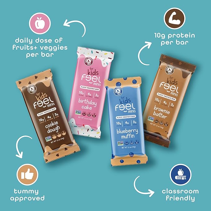 FEEL Kids Protein Bars Minis | Variety Pack | 10g Plant Protein | 100 Calories | No Added Sugar | Daily Veggies | Gluten Free, No Nuts, No Soy, No Dairy, No Grains (Pack of 12)