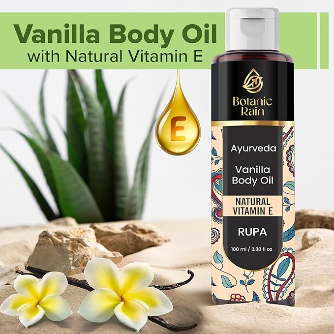 Ayurveda Vanilla Body Oil, Organic, Nourishing, & Hydrating Moisturiser for Dry, Flaky Crepey Skin - Fast Absorbing, Non-Greasy, Ayurvedic for Women & Men – 3.38 fl oz (1)