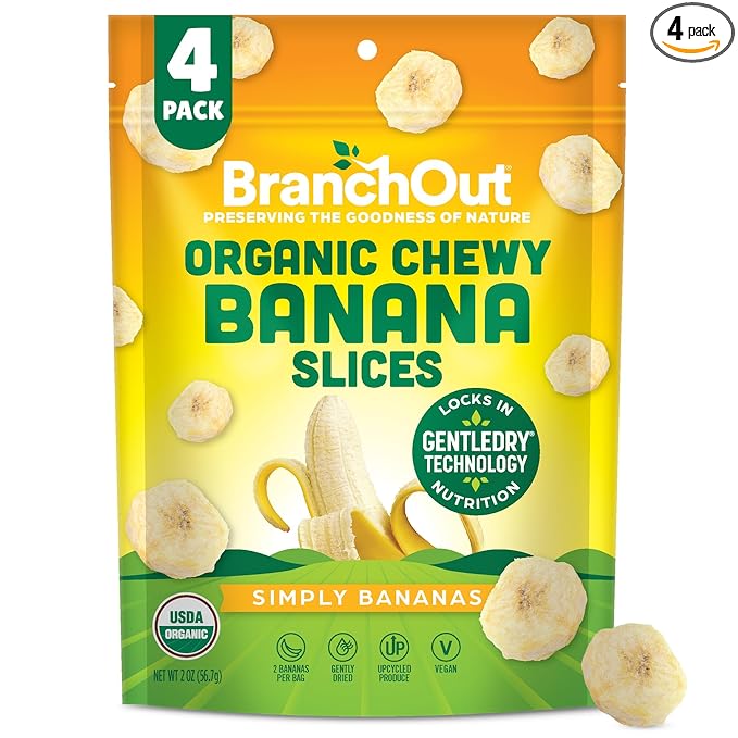 BranchOut Chewy Banana Slices, No Sugar Added, GentleDry Locks in Nutrition, Better than Freeze Dried Banana Chips, Healthy Vegan Halloween Fruit Snacks for Kids & Adults, 2 oz Snack Size (Pack of 4)