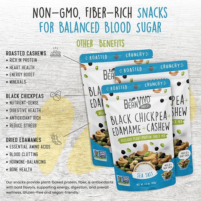 BeanVIVO Healthy Snacks for Adults & Kids with 7g Protein & 5g Fiber per Serving with Dried Edamame, Roasted Cashew and Chickpeas - Vegan & Gluten Free - Keto Friendly & Non-GMO - 3-Pack (4.5 oz Each Pouch)