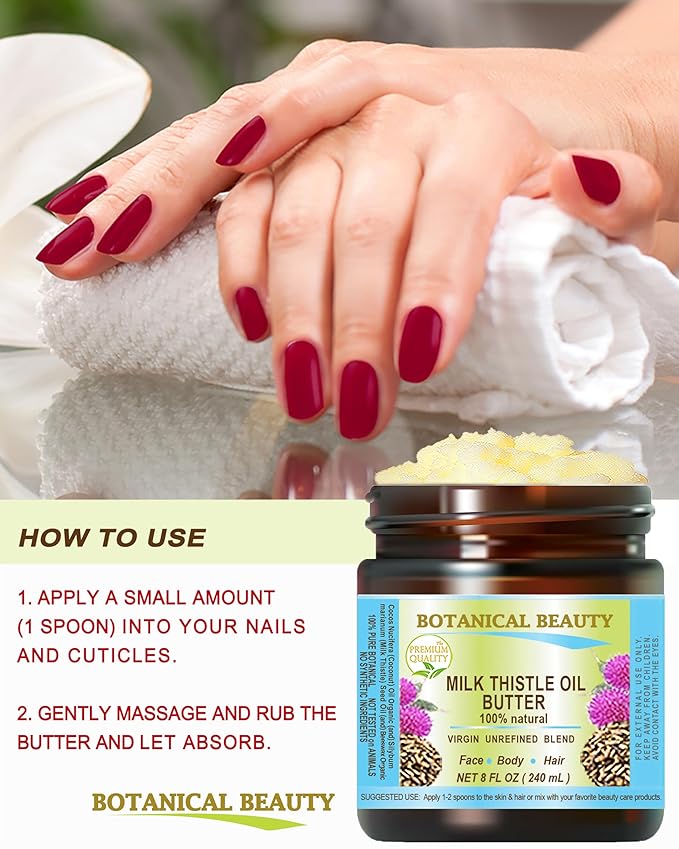 Botanical Beauty MILK THISTLE OIL BUTTER Silybum marianum 100% Natural for FACE, SKIN, BODY, HAIR, NAILS, Foot Care. Foot Oil butter, Skin Moisturizer (4 Fl Oz)