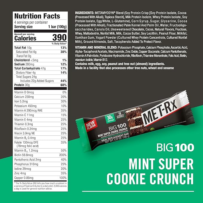 MET-Rx Big 100 Colossal Protein Bars, Mint Super Cookie Crunch, Meal Replacement Bars, 4 Count