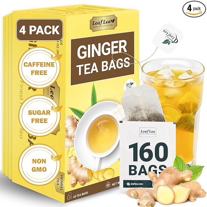 LeafLea 160 Ginger Tea Bags, Pure Ginger Root Herbal Tea, Spicy & Comforting, Supports Digestion & Immune Health, Caffeine Free, Sugar Free, Non-GMO, Vegan, Individually Wrapped for Freshness