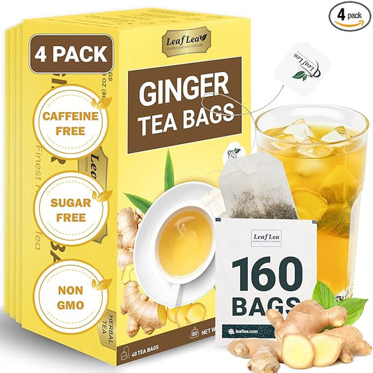 LeafLea 160 Ginger Tea Bags, Pure Ginger Root Herbal Tea, Spicy & Comforting, Supports Digestion & Immune Health, Caffeine Free, Sugar Free, Non-GMO, Vegan, Individually Wrapped for Freshness