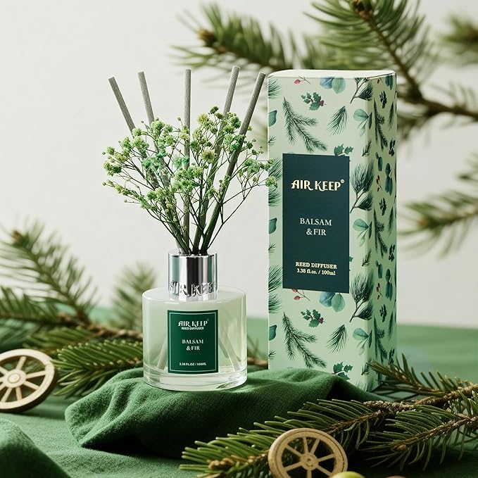 Airkeep Reed Diffuser Set,3.38 fl oz (100 ml) - Balsam & Fir Oil Diffusers with 8 Reed Sticks,Home Fragrance Reed Diffuser for Bathroom Shelf Decor Winter Fragrance