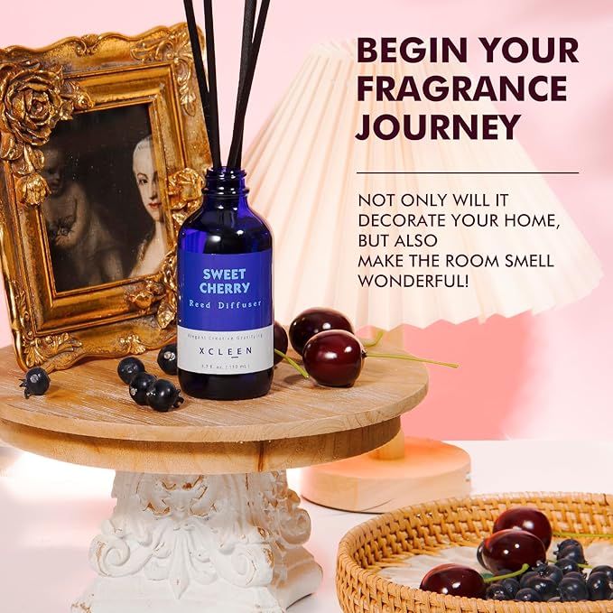 Reed Diffuser Set, Sweet Cherry Oil Diffusers with 6 Rattan Sticks, Home Fragrance Reed Diffuser for Home, Bathroom Decor