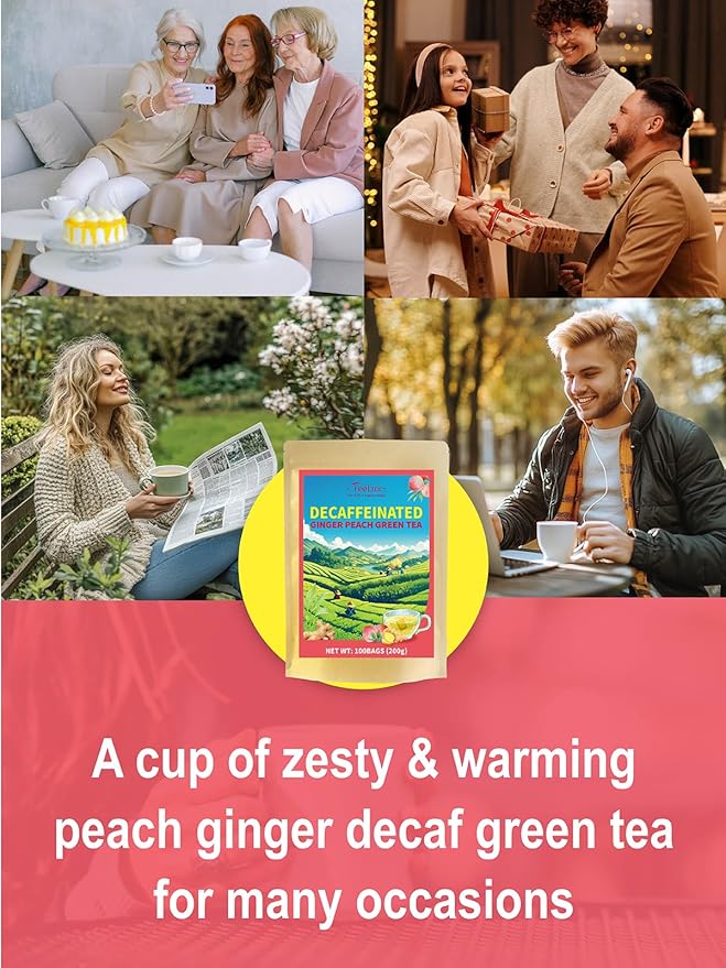TeeLux Decaf Peach Ginger Green Tea, Mild Decaffeinated Green Tea with Spicy Ginger & Aromatic Natural Peach Flavor, 100 Count