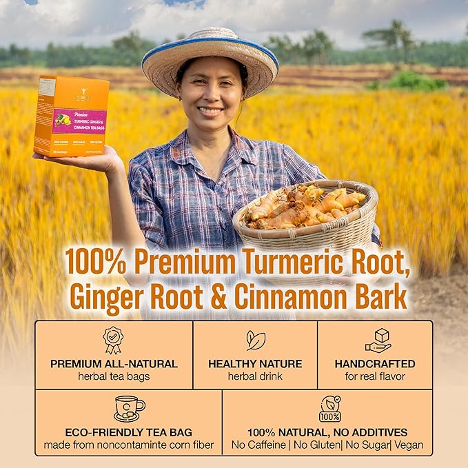 VINAREEN 50 Premium Tea Bags, Special Blend of Turmeric Ginger Cinnamon Tea,100% Natural Turmeric Ginger Herbal Tea, Te De Jengibre Y Curcuma Canela, Caffeine Free, Gluten Free, Sugar Free, Vegan.