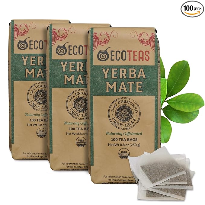 ECOTEAS PremiumOrganic Yerba Mate Tea Bags – Natural Energy & Detox Herbal Tea – Coffee Alternative - Kosher, Non-GMO, Gluten-Free - 100 Unsmoked Bulk Bags, 8.8 oz (Pack of 3)