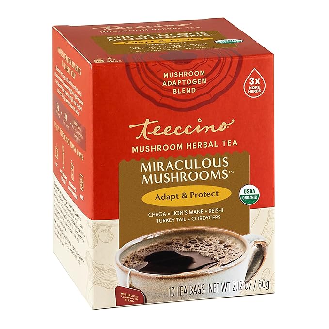 Teeccino Miraculous Mushrooms Adapt & Protect Herbal Tea By Teeccino, 10 Tea Bags - Five Organic Adaptogenic Mushrooms with Chicory & Cacao, 3x More Herbs than Regular Tea Bags, Caffeine Free, Prebiotic