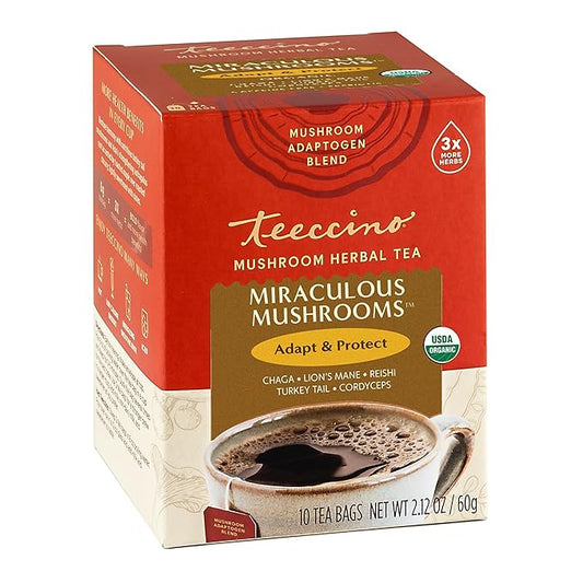 Teeccino Miraculous Mushrooms Adapt & Protect Herbal Tea By Teeccino, 10 Tea Bags - Five Organic Adaptogenic Mushrooms with Chicory & Cacao, 3x More Herbs than Regular Tea Bags, Caffeine Free, Prebiotic