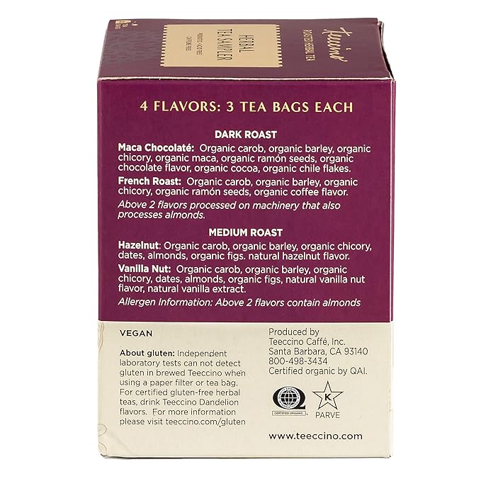 Teeccino Herbal Tea Sampler Assortment - 12 Tea Bags - Maca Chocolaté, French Roast, Hazelnut, Vanilla Nut - Roasted Caffeine Free Herbal Tea, Prebiotic for Natural Energy